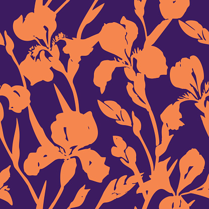 Hand drawn floral seamless pattern. Silhouettes of blooming iris flowers. Simple summer background with botanical shadows texture. Trendy nature ornament.