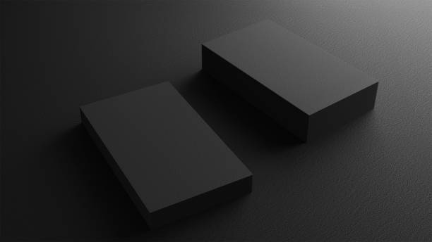 Black business card mockup with gold emboss text stacking on cardboard table. Object background concept for brand presentation template print. 3.5 x 2 inch paper size cover. 3D illustration rendering