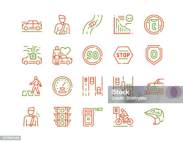 Vector Color Line Icon Set Of Vision Zero - Arte vetorial de stock e mais imagens de Símbolo de ícone - Símbolo de ícone, Ciclismo, Tráfego