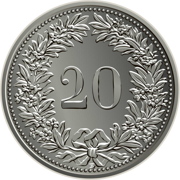 Swiss money 20 centimes silver coin Reverse of 20 centimes coin Swiss franc with 20 in wreath of gentian, official coin in Switzerland and Liechtenstein swiss coin stock illustrations