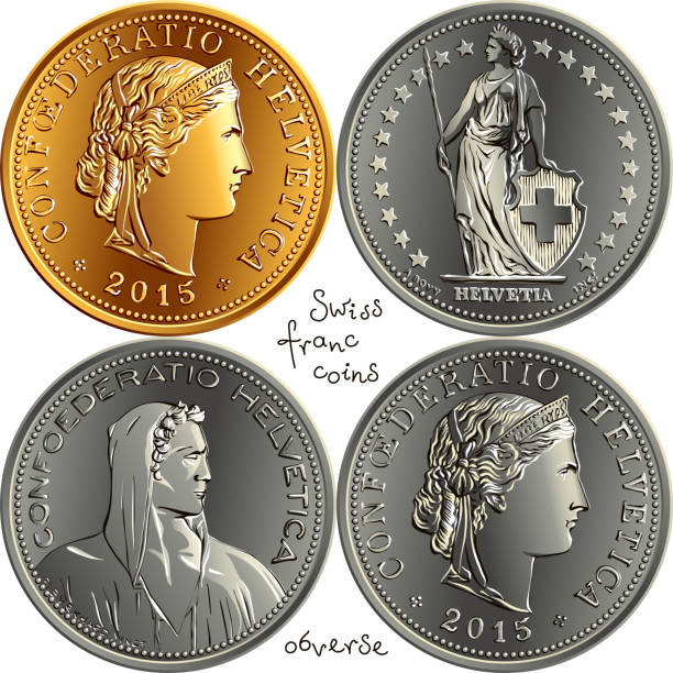 illustrations, cliparts, dessins animés et icônes de ensemble de pièces d’argent suisse francs - helvetia