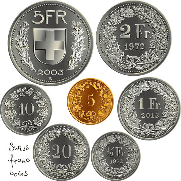 ilustraciones, imágenes clip art, dibujos animados e iconos de stock de conjunto de monedas de francos con dinero suizo - french coin