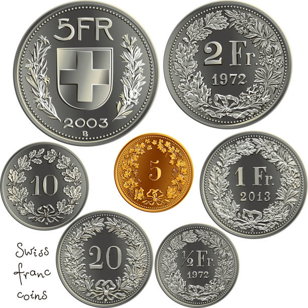 illustrations, cliparts, dessins animés et icônes de ensemble de pièces d’argent suisse francs - french currency