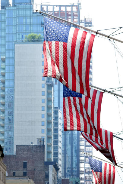 istock Manhattan city view with American flag 1217806789