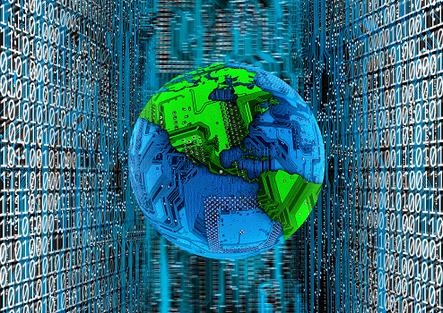 close up conceptual Planet Earth made out of computer parts with binary code of one and zero. NASA world map image layered and used; www.nasa.gov , https://apod.nasa.gov/apod/image/0304/bluemarble2k_big.jpg