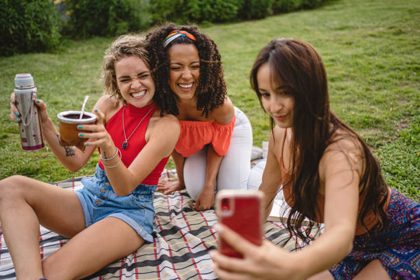 istock Cheerful friends enjoying taking a selfie on a picnic 1217807283
