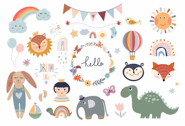 ilustrações de stock, clip art, desenhos animados e ícones de kids elements collection, different cute items - baby animals