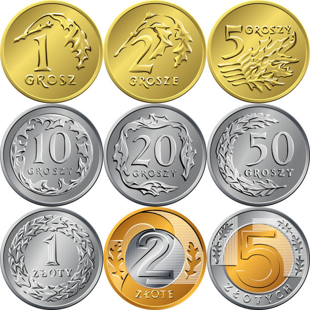 Set Polish Money zloty and grosz coins vector set of reverse Polish Money zloty and grosz gold and silver coins with Value and eagle in a crown polish zloty stock illustrations
