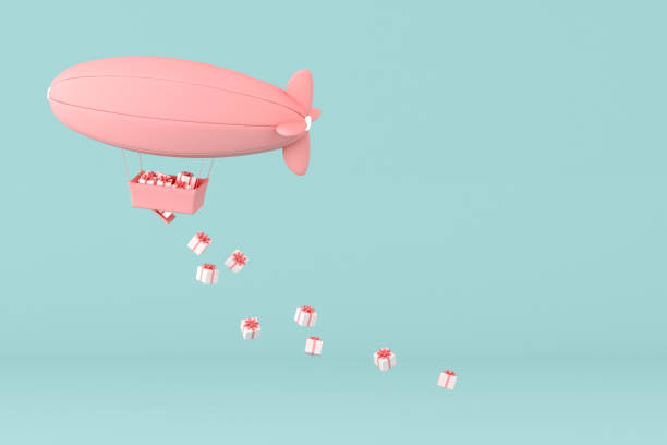 concepto mínimo de dirigible flotante y caja presente en la cesta sobre fondo pastel. renderizado 3d. - rose pink bright simply fotografías e imágenes de stock