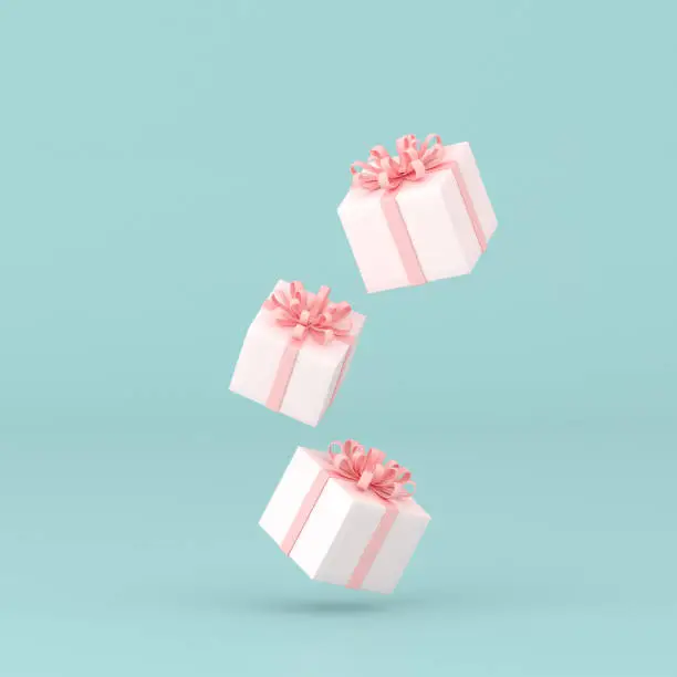 Photo of minimal conceptual idea of present box floating on pastel background. 3D rendering