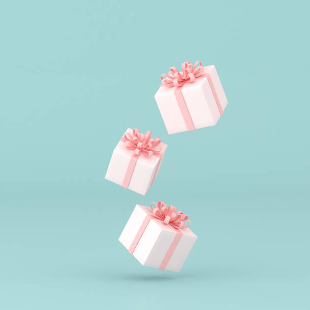 minimal conceptual idea of present box floating on pastel background. 3d rendering - gift imagens e fotografias de stock