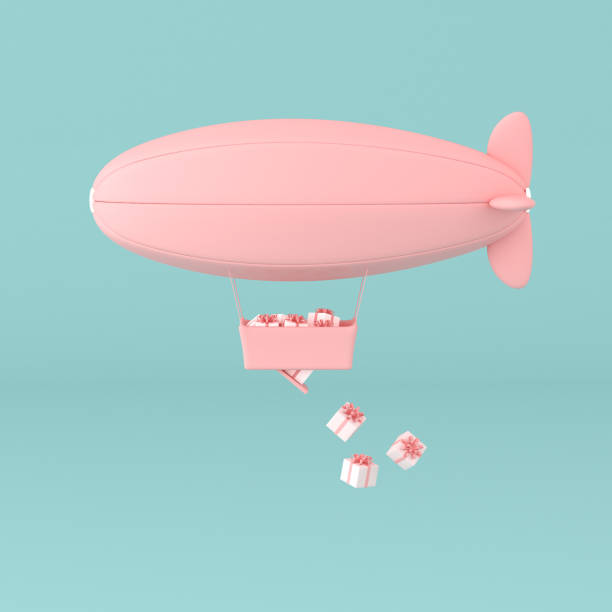 concepto mínimo de dirigible flotante y caja presente en la cesta sobre fondo pastel. renderizado 3d. - rose pink bright simply fotografías e imágenes de stock