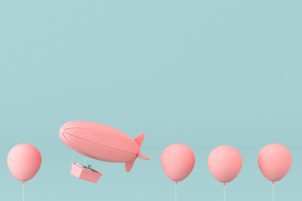 concepto mínimo de globos y dirigible con presente en la cesta sobre fondo pastel. renderizado 3d. - rose pink bright simply fotografías e imágenes de stock