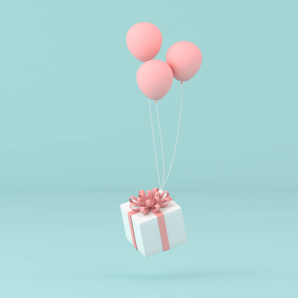 idea conceptual mínima de la caja actual flotando por globos sobre fondo pastel. renderizado 3d - rose pink bright simply fotografías e imágenes de stock