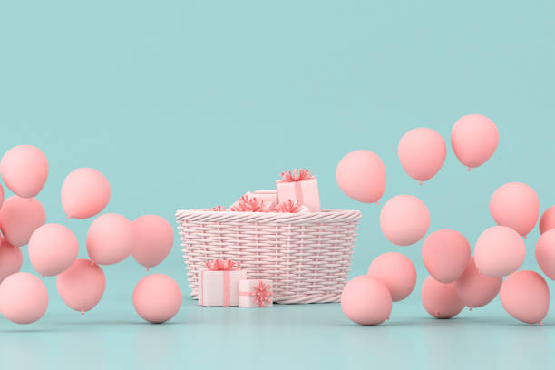 mínima idea conceptual de las cajas presentes en la cesta rodeadas de globos rosas sobre fondo pastel. renderizado 3d - rose pink bright simply fotografías e imágenes de stock