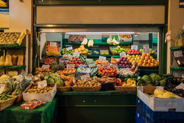 Fruit and vegetables on show at a greengrocers business in Newcastle upon Tyne.
