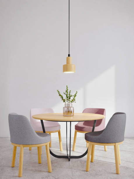istock Modern dining room interior minimal style.Chairs,table,glass vase and ceiling lamp with sunlight on white wall background.3d rendering 1217812154