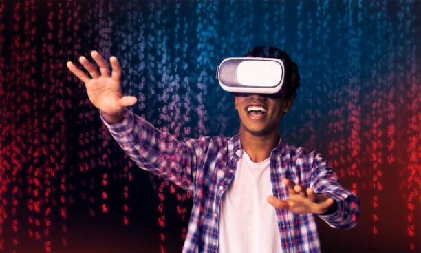 istock Creative Collage Of Young African American Gamer Using Virtual Reality Headset 1217813055