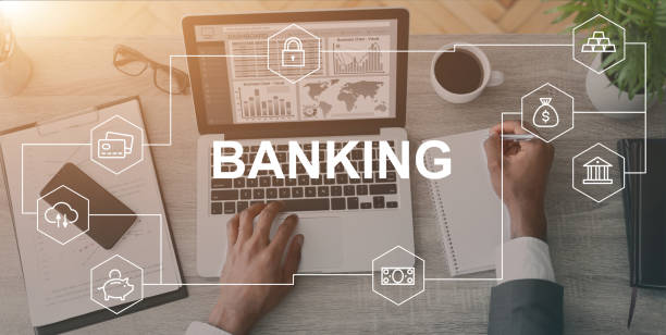 istock Overhead view of financier working with internet banking service on laptop. Collage with creative icons 1217813114