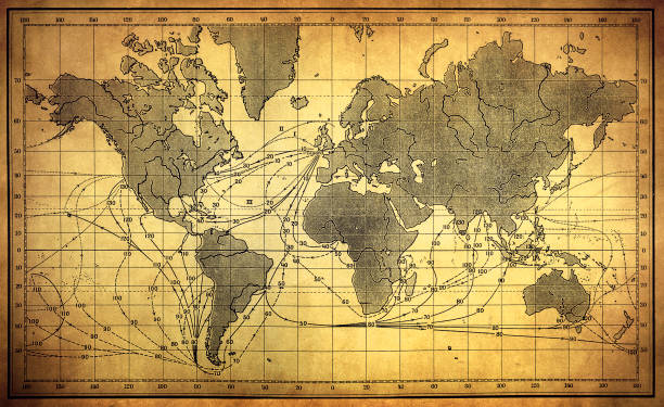 istock Antique world map of Sailing ship ways in 19th century 1217813197