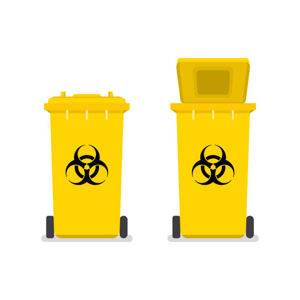 illustrations, cliparts, dessins animés et icônes de poubelle médicale. signe de déchets contaminés. poubelle biohazard. - yellow box