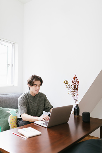 Young Man using Laptop to work remotely.