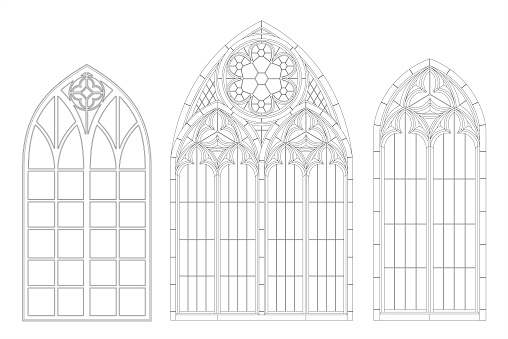 Realistic Gothic medieval contour window or gate arch. Background or texture. Architectural element. Forging