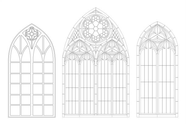 Medieval Gothic contour window Medieval Gothic contour window Realistic Gothic medieval contour window or gate arch. Background or texture. Architectural element. Forging window silhouettes stock illustrations