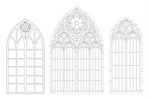 Medieval Gothic contour window Medieval Gothic contour window Realistic Gothic medieval contour window or gate arch. Background or texture. Architectural element. Forging turret arch stock illustrations