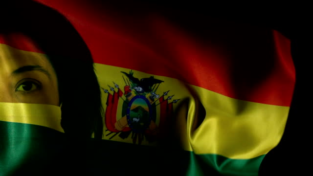 Woman with Protective Face Mask on Bolivian Flag. Protection for Viruses and Infections.