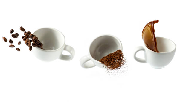 types of coffee in cups, beans, ground and liquid