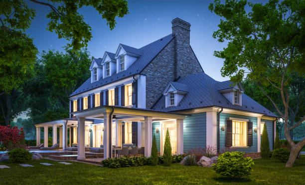 istock 3d rendering of modern classic house in colonial style in night 1217820220