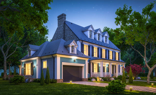 istock 3d rendering of modern classic house in colonial style in night 1217820222