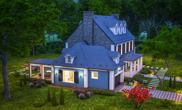 istock 3d rendering of modern classic house in colonial style in night 1217820372