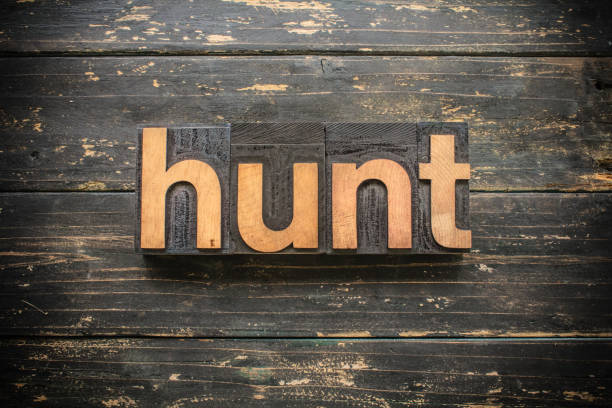 hunt concept vintage legno letterpress tipo parola - scavenger hunt foto e immagini stock