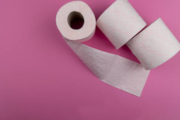istock Soft, white toilet paper roll on light pastel Pink background. Hygiene concept. Empty place for text or logo. Closeup. Top view. stock photo 1217823045