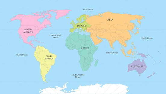 World Map Divided Into Six Continents In Different Color Stock ...