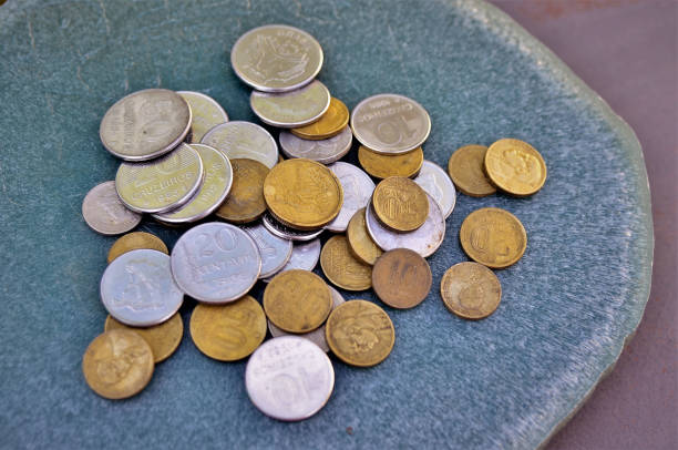 istock Ancient golden and silverY Brazilian coins 1217824932