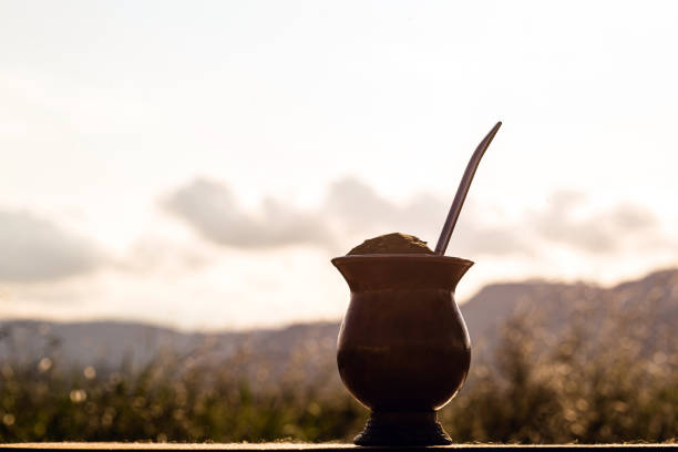 가우초 예르바 마테 티, 치마라오, 전형적인 브라질 음료, 전통적으로 나무 배경에 대한 쿠아드 봄필라 스틱 박. - chimarrão 뉴스 사진 이미지