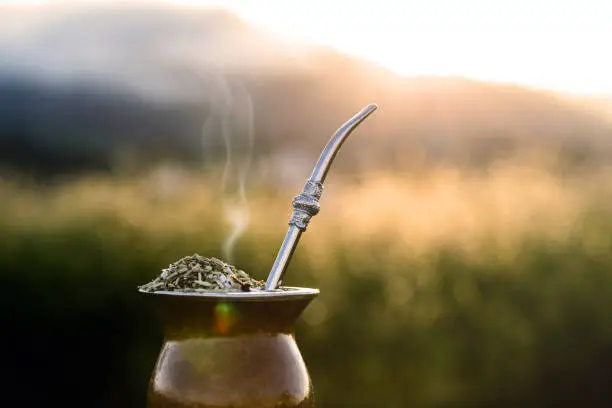 Photo of Gaucho yerba mate tea, the chimarão, typical brazilian drink, traditionally in a cuiade bombilla stick gourd against wooden background.