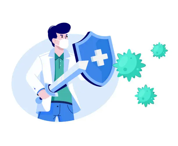 Vector illustration of Doctor fighting with the virus.