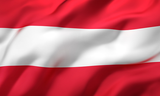 Flag of Austria blowing in the wind. Full page Austrian flying flag. 3D illustration.