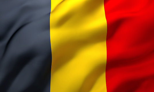 Belgium of Italy blowing in the wind. Full page Belgian flying flag. 3D illustration.