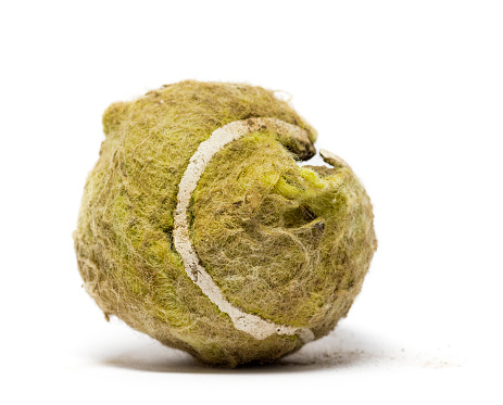 Chewed tennis ball against white background