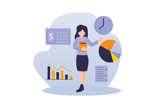 Secretary flat vector illustration. Business management, time schedule, profit chart, data analysis, and list planning concept. Element for banner, web, ui, and landing page.