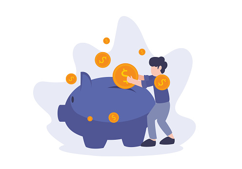 Money saving concept. Flat vector illustration. A man put dollar coins into piggy bank. Elements for banner, ui, flyer, web, landing page, and poster.