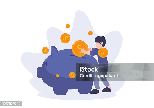 istock Money saving concept. Flat vector illustration. A man put dollar coins into piggy bank. Elements for banner, ui, flyer, web, landing page, and poster. 1217829240