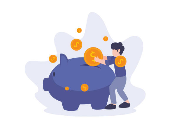 Money saving concept. Flat vector illustration. A man put dollar coins into piggy bank. Elements for banner, ui, flyer, web, landing page, and poster. Money saving concept. Flat vector illustration. A man put dollar coins into piggy bank. Elements for banner, ui, flyer, web, landing page, and poster. piggy bank stock illustrations
