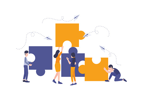 Vector flat illustration, Business concept. Team metaphor. people connecting puzzle elements. Big jigsaw parts with man and woman, Symbol of teamwork, cooperation, partnership.