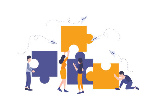 Vector flat illustration, Business concept. Team metaphor. people connecting puzzle elements. Big jigsaw parts with man and woman, Symbol of teamwork, cooperation, partnership. Vector flat illustration, Business concept. Team metaphor. people connecting puzzle elements. Big jigsaw parts with man and woman, Symbol of teamwork, cooperation, partnership. brainstorming illustrations stock illustrations